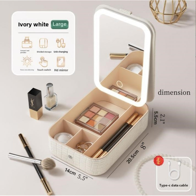 Lighted Makeup Storage Box with Rechargeable LED | Large Capacity Portable Cosmetics Organizer Case | Luxury Vanity Gift for Women | Beige