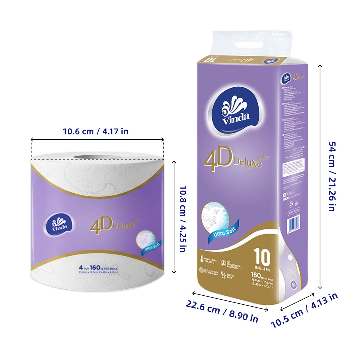 VINDA 4D Deluxe 4-Ply Ultra Soft Toilet Paper 10 Rolls – 100% Virgin Wood Pulp, No Lint Shedding, Fluorescent-Free, Septic Safe Bath Tissue for Home Bathroom