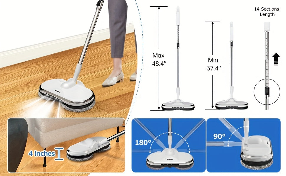 Cordless Electric Spin Mop with LED Headlight & Water Sprayer - Dual Motor 150RPM, 180ml Tank, Rechargeable Floor Scrubber for Hardwood, Tile & Marble | Lightweight for Elderly
