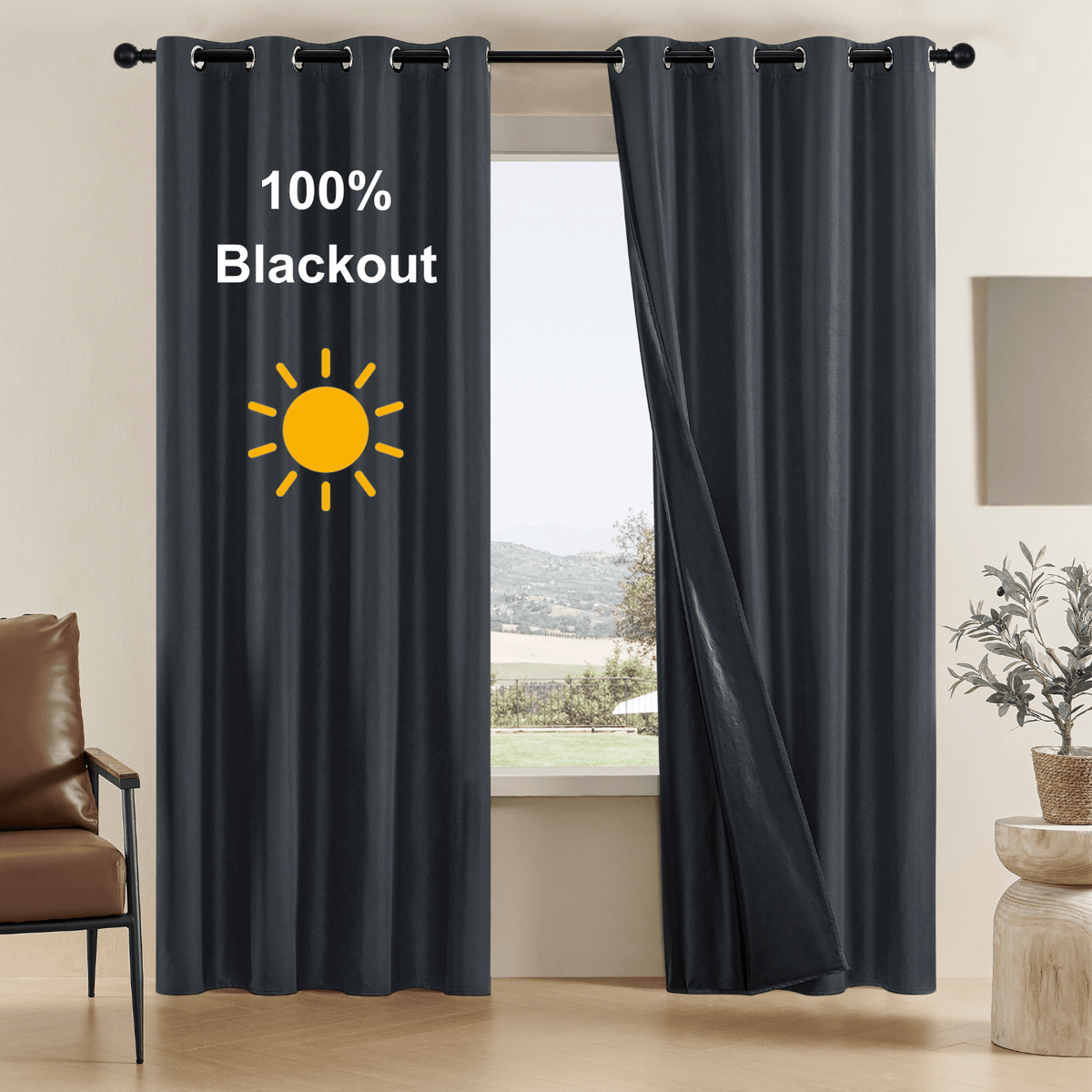 100% Blackout Solid Color Grommet Curtains 2 Panels - Lightweight Thermal Insulated Noise Reducing Light Blocking Drapes in Gray Beige Pink, 52W x 63 84 96 Inch, Bedroom Living Room