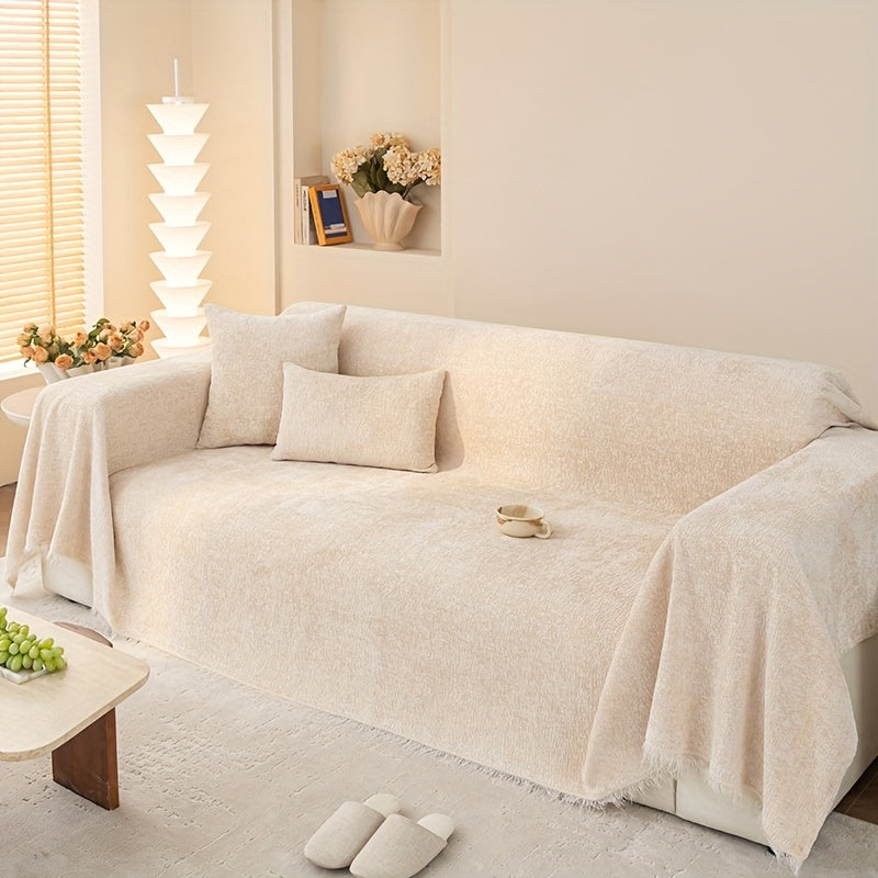 Soft Chenille Sofa Throw Cover with Fringes Durable Pet-Friendly Solid Couch Protector Slipcover for Living Room Sectional Armchair Home Decoration