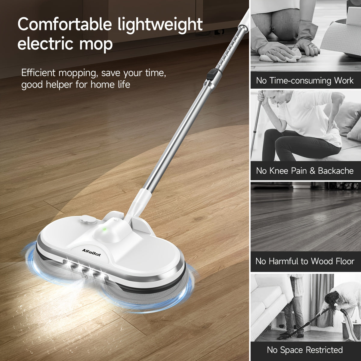 Cordless Electric Spin Mop with LED Headlight & Water Sprayer - Dual Motor 150RPM, 180ml Tank, Rechargeable Floor Scrubber for Hardwood, Tile & Marble | Lightweight for Elderly