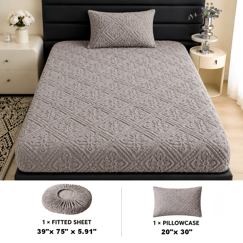 Embossed Fitted Sheet Set Super Soft Deep Pocket - European Texture Bed Sheets All Season, Machine Washable, Optional Pillowcases, Twin Full Queen King Sizes, 5 Colors Bedroom Bedding