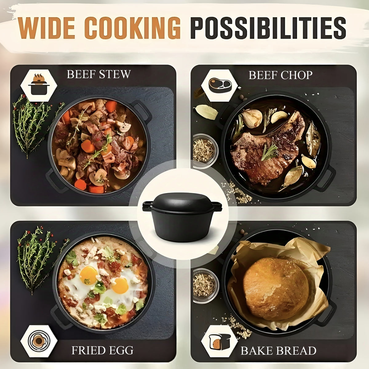 Cast Iron Dutch Oven Set 2-in-1 5.1QT Dutch Oven and 1.9QT Skillet Lid with Accessories Induction Oven Campfire Safe Holiday Cooking Kit for Soups Stews Baking Frying Camping BBQ