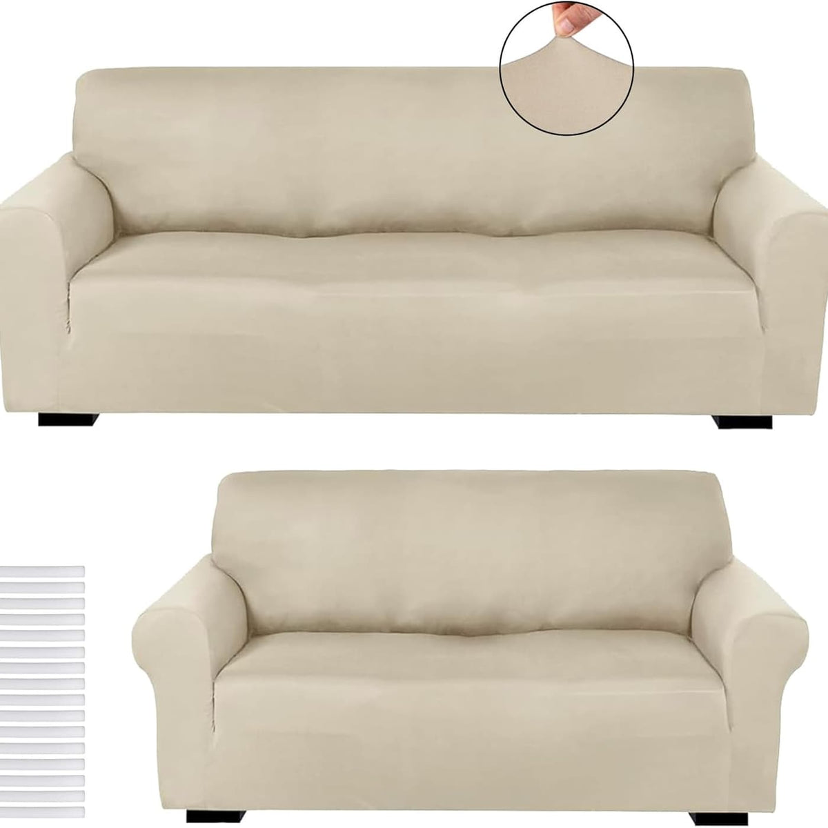 Stretch Sofa Cover Set 2 Piece Form Fit Slipcover for 2 Seater & 3 Seater Couch – Wrinkle Proof Loveseat Furniture Protector, 5 Colors, Milk Silk