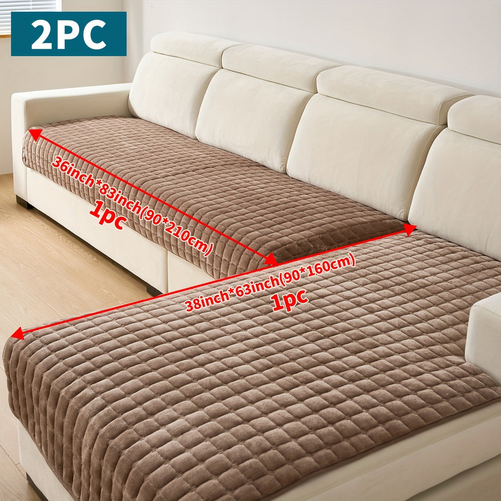 Quilted Short Plush Sofa Protector Set of 2 Ultra Soft Thick Non-Slip Sofa Mat – Pet Friendly, Machine Washable, Fits 3-Seater Sofa, Chaise & Bed Chair, Contemporary Home Decor