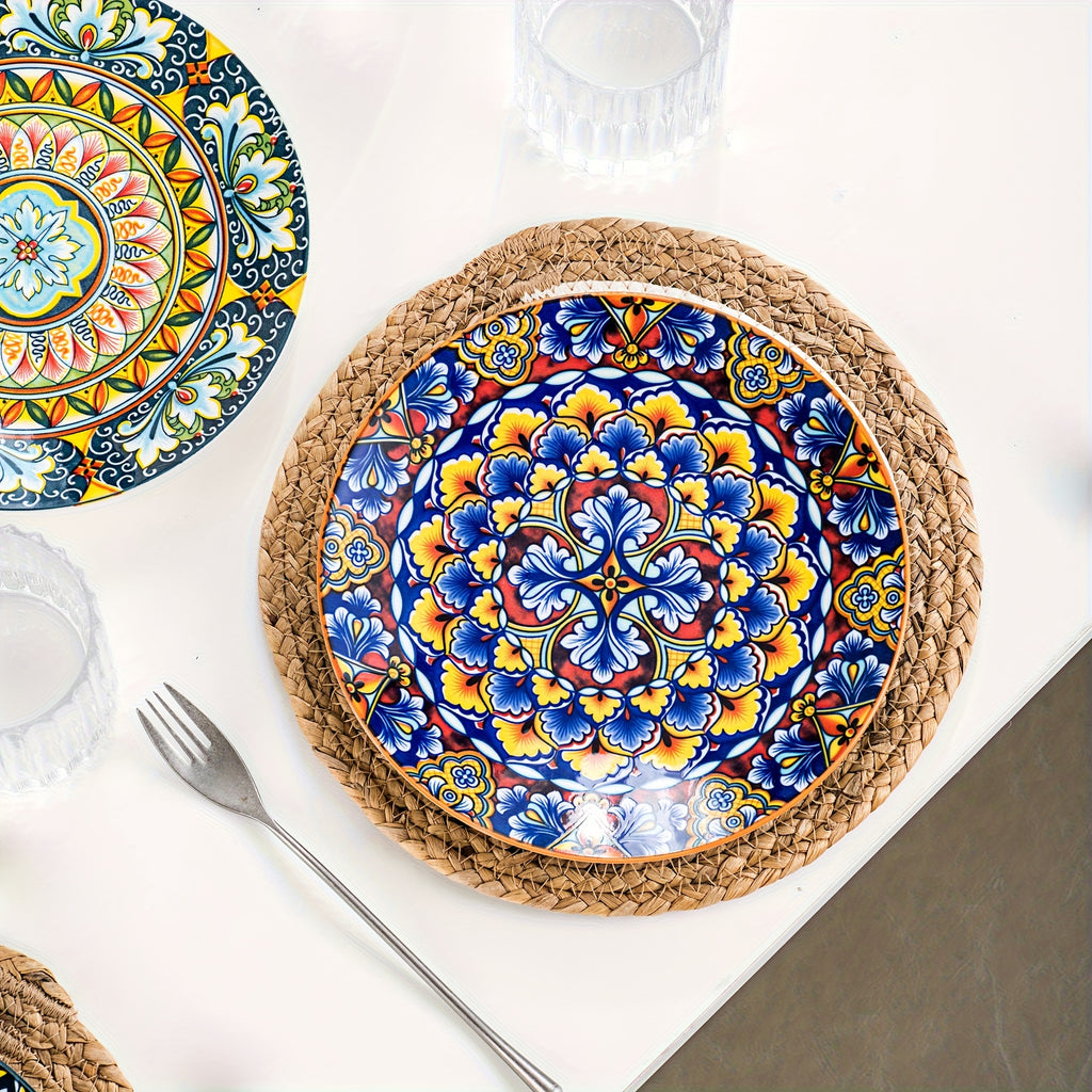 Bohemian Ceramic Salad Plates Set of 6 – 8.5 Inch Colorful Dessert Plate Set, Microwave Oven & Dishwasher Safe, Boho Style Kitchen Dishes
