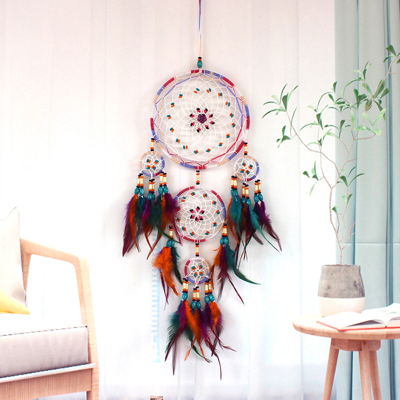 Handmade Feather Rattan Wind Chime Wall Hanging Boho Eclectic Bedroom Decor Dream Catcher Festival Gift Brown Rainbow