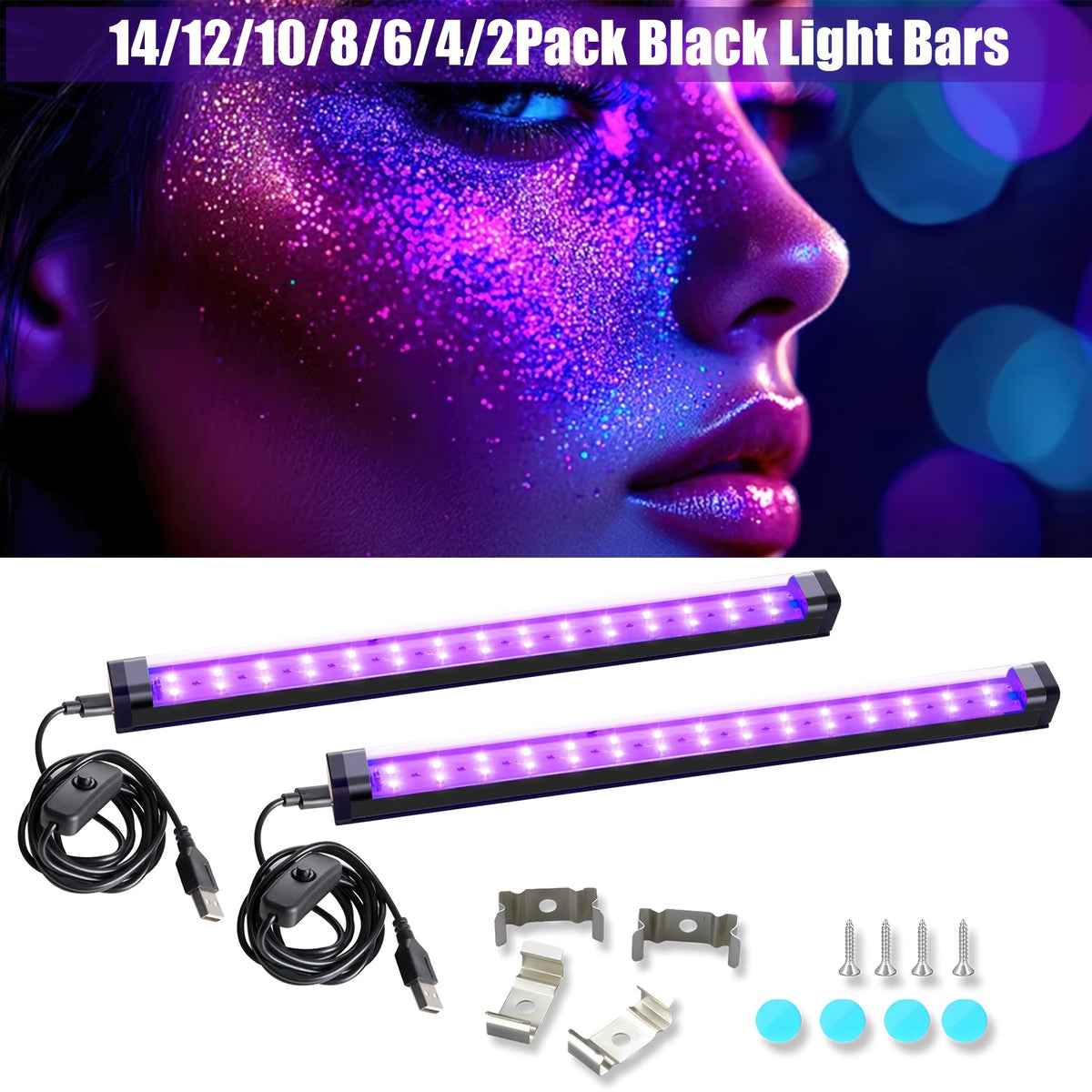 Black Light Bar 10W 1ft LED UV Blacklight Strip Lights – Magnetic Mount for Glow Party, Tapestry, Poster, Body Paint, Cabinet & Display – 2 to 14 Pack