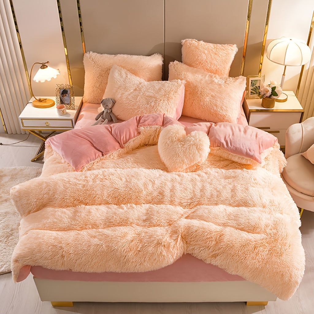 Luxury Fluffy Plush Bedding Set – Soft Duvet Cover, Pillowcases & Throw Pillow, Queen/King, All-Season