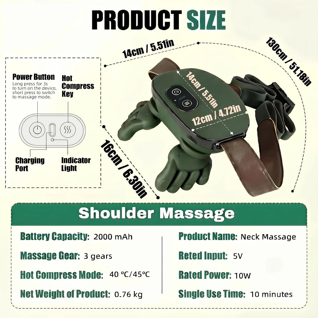 USB Cordless Neck & Shoulder Massager with 6D Hand Simulation – Electric Deep Kneading Shiatsu Massager for Neck Shoulder Back Pain Relief, USB-Powered with Charging Cord