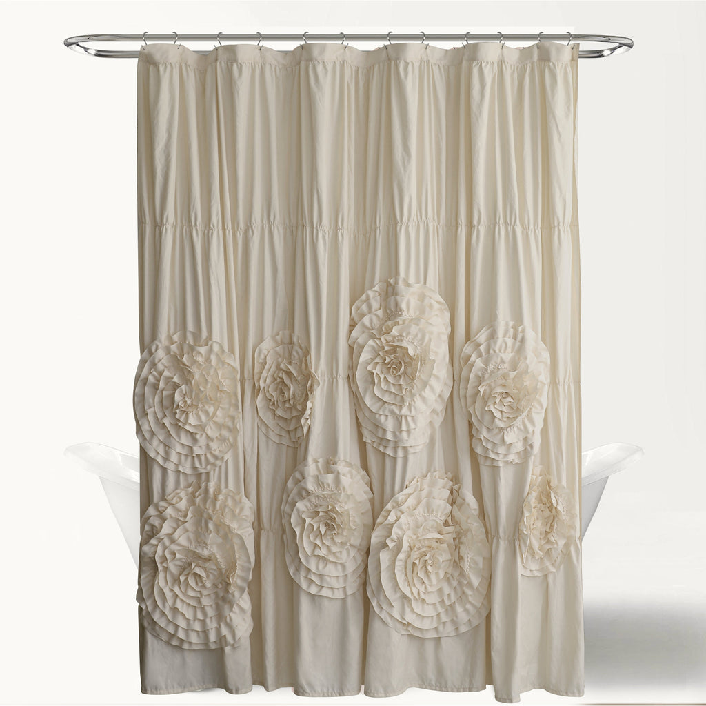 Ruffled Shower Curtain Farmhouse 72x72 - Handmade 3D Flower Vintage Ruched Fabric Bathroom Curtain, Victorian Romantic Luxury Decor, Black Pink Camel, Waterproof Microfiber 12 Holes