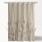 Ruffled Shower Curtain Farmhouse 72x72 - Handmade 3D Flower Vintage Ruched Fabric Bathroom Curtain, Victorian Romantic Luxury Decor, Black Pink Camel, Waterproof Microfiber 12 Holes