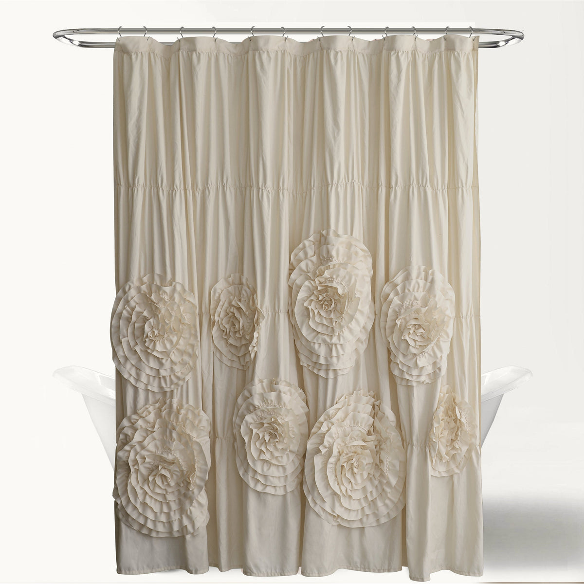 Ruffled Shower Curtain Farmhouse 72x72 - Handmade 3D Flower Vintage Ruched Fabric Bathroom Curtain, Victorian Romantic Luxury Decor, Black Pink Camel, Waterproof Microfiber 12 Holes