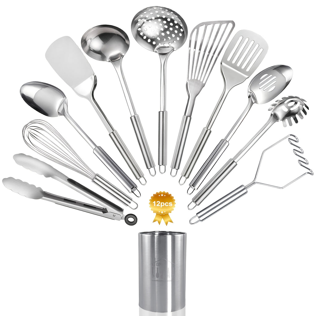 Stainless Steel Kitchen Utensils Set 12-Piece with Holder - Heat Resistant Cooking Utensils Set with Spatula, Ladle, Tongs, Whisk, Skimmer & More, Dishwasher Safe Metal Kitchen Tool Set