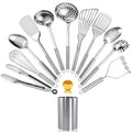 Stainless Steel Kitchen Utensils Set 12-Piece with Holder - Heat Resistant Cooking Utensils Set with Spatula, Ladle, Tongs, Whisk, Skimmer & More, Dishwasher Safe Metal Kitchen Tool Set