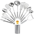 Stainless Steel Kitchen Utensils Set 12-Piece with Holder - Heat Resistant Cooking Utensils Set with Spatula, Ladle, Tongs, Whisk, Skimmer & More, Dishwasher Safe Metal Kitchen Tool Set