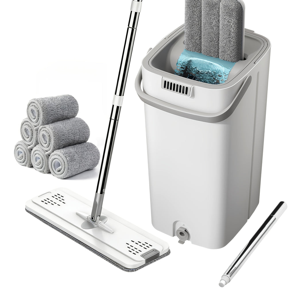 Rotating Flat Mop and Bucket Set with 6 Replaceable Microfiber Pads, Hands-Free Wringing Flexible Spin Mop for Wet Dry Floor Cleaning, Household Cleaning Tools for Hardwood Tile Laminate