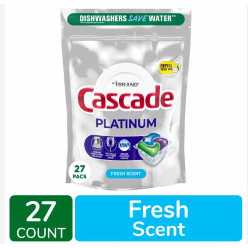 Dishwasher Detergent Pods 27 Count Platinum ActionPacs Fresh Scent Powerful Clean Dissolving Tabs for Baked-On Food Grease Plates Glasses Cookware Standard and Convection Dishwashers