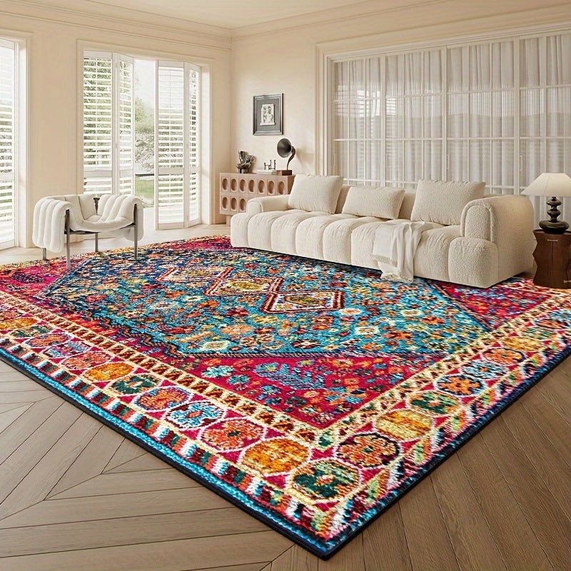 Bohemian Vintage Floral Area Rug – Ethnic Boho Floral Pattern Large Decor Mat for Living Room, Bedroom, Coffee Table & Tea Room, Exotic Vintage Home Decor, 6 Sizes