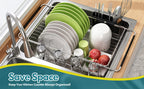 Stainless Steel Over-the-Sink Dish Drying Rack & Colander Strainer Basket with Expandable Grip – Heavy-Duty Sink-Mounted Dish Drainer for Vegetable Washing & Space-Saving Kitchen Organization