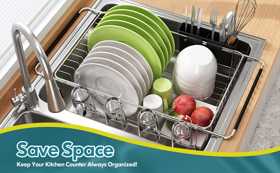 Stainless Steel Over-the-Sink Dish Drying Rack & Colander Strainer Basket with Expandable Grip – Heavy-Duty Sink-Mounted Dish Drainer for Vegetable Washing & Space-Saving Kitchen Organization