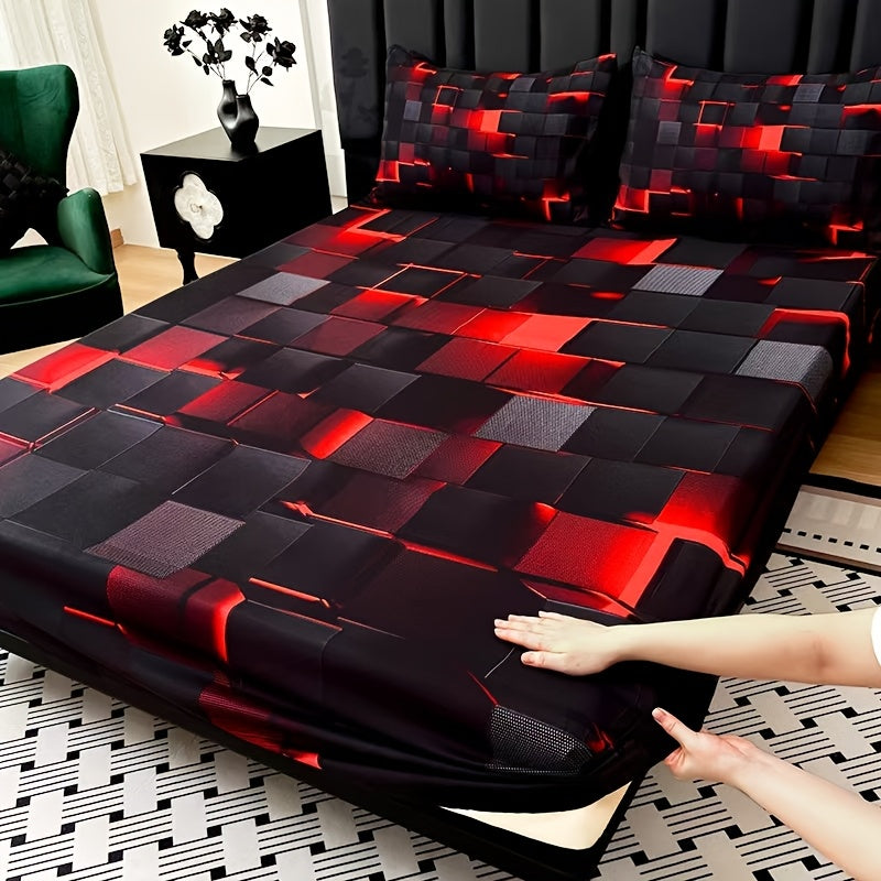 Tech Print Fitted Sheet Set 3 Piece - Digital Geometric Pattern Deep Pocket 15 Inch Bed Sheet with 2 Pillowcases Twin Full Queen King All Seasons
