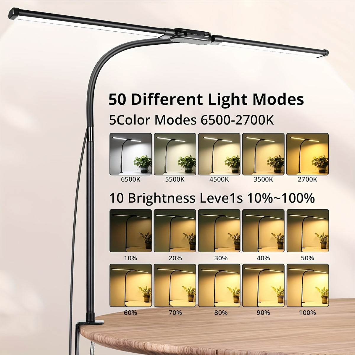Dual Head LED Desk Lamp Touch Dimmable Gooseneck with Clip & Base USB 13W 3 Color Modes 10 Brightness Levels for Home Office Study Gaming