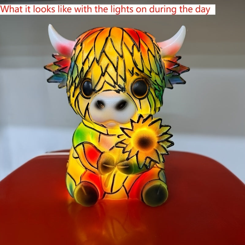 Sunflower Highland Cow Table Lamp – Warm-Toned Whimsical Light-Up Cow Statue Bedside Lamp & Tabletop Decoration, Perfect Gift for Animal Lovers & Home Decor