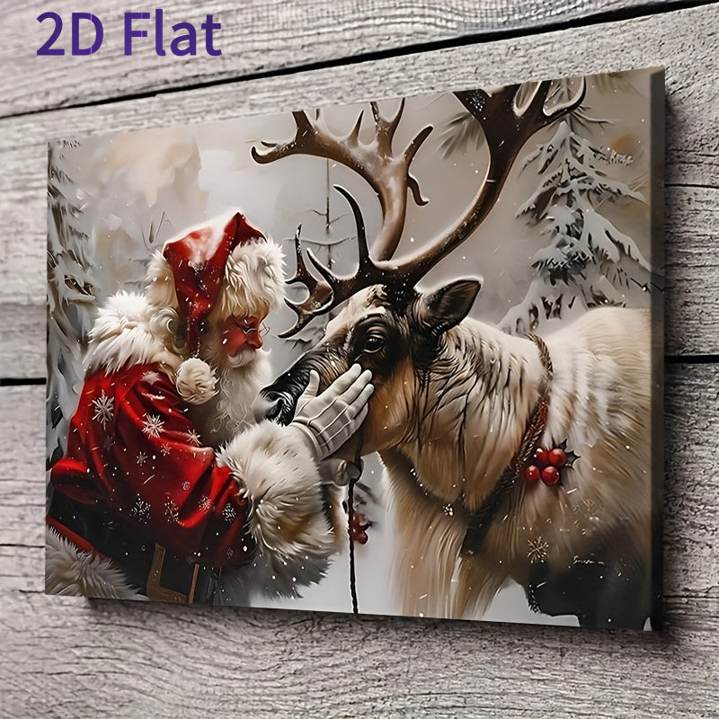 Santa Claus Petting Reindeer Framed Canvas Wall Art, Festive Pine Tree Scene 12x18in Solid Wood Frame – Bohemian Style Christmas & Holiday Home Decor for Living Room, Bedroom & Home Office