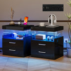 LED Nightstand with Charging Station USB Ports Outlets High Gloss Adjustable LED Lights 2 Storage Drawers Wood End Table Bedroom Living Room White Black 1pc or 2pcs