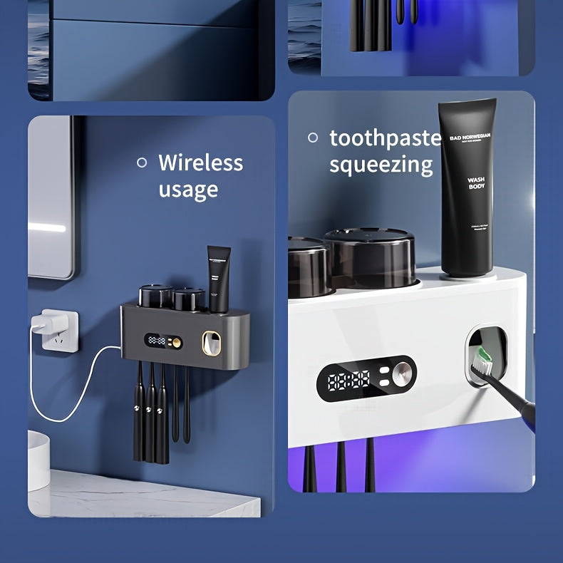 Smart Toothbrush Sterilizer & Organizer with Automatic Toothpaste Dispenser, 5-Slot Holder, 2 Rinse Cups, USB Rechargeable & Clock Display – Modern Bathroom Caddy