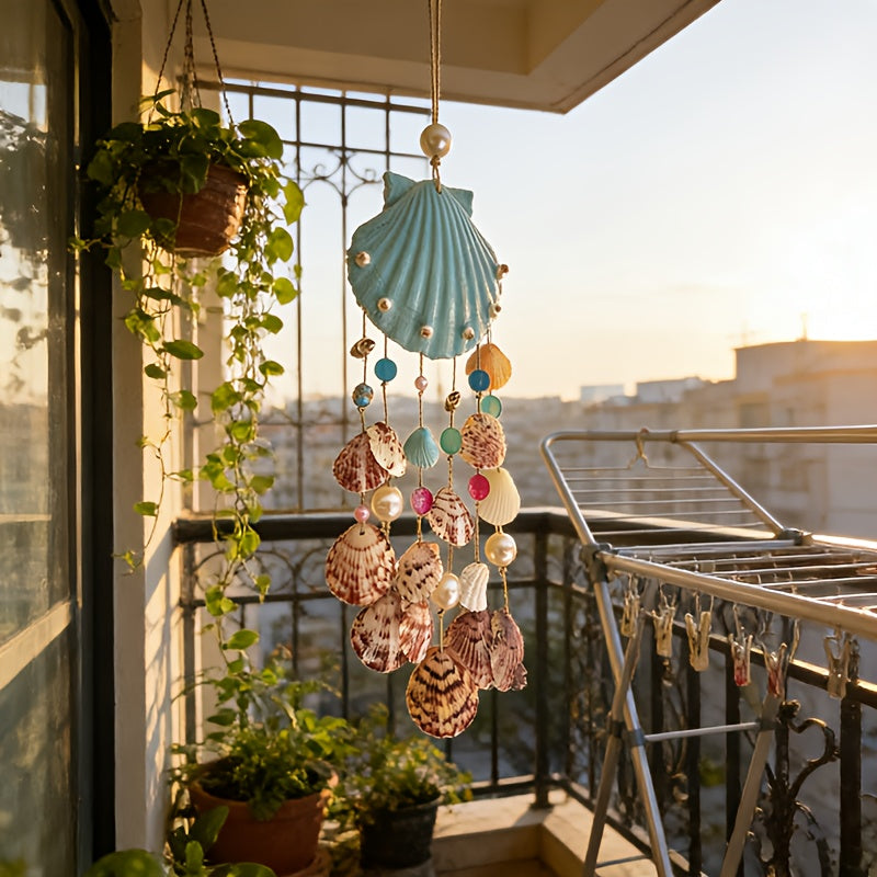 Seashell Wind Chime Coastal Beach Scallop Shell Pearl and Glass Beads Ocean Themed Zen Garden Decoration for Indoor Outdoor Porch Patio Boho Decor