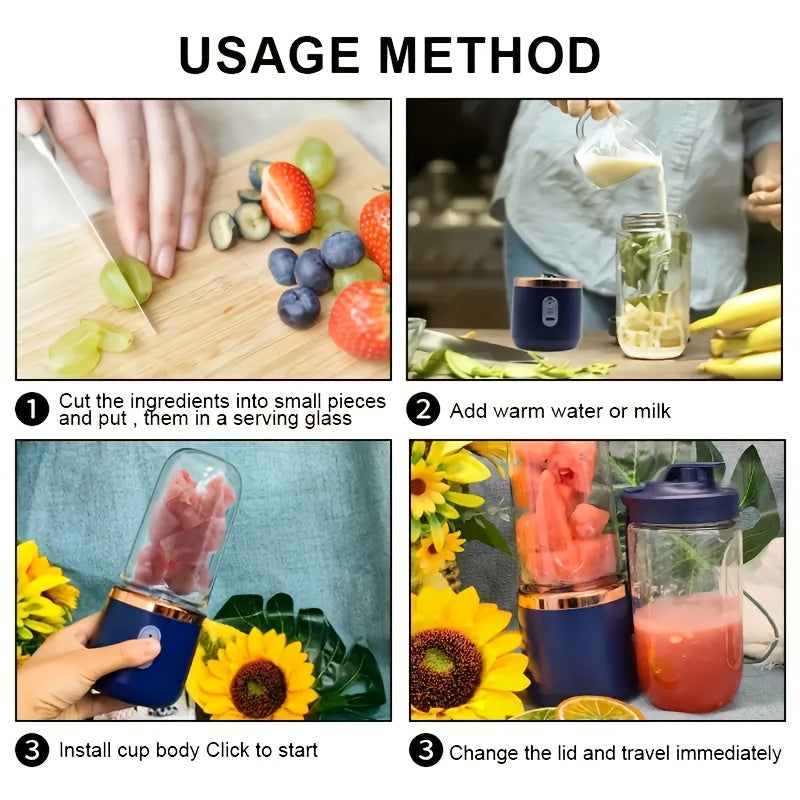 Portable USB Blender Juicer 2-Pack with 6 Blades | Handheld Smoothie Maker for Travel Office | USB Rechargeable Personal Blender for Milkshakes & Iced Drinks