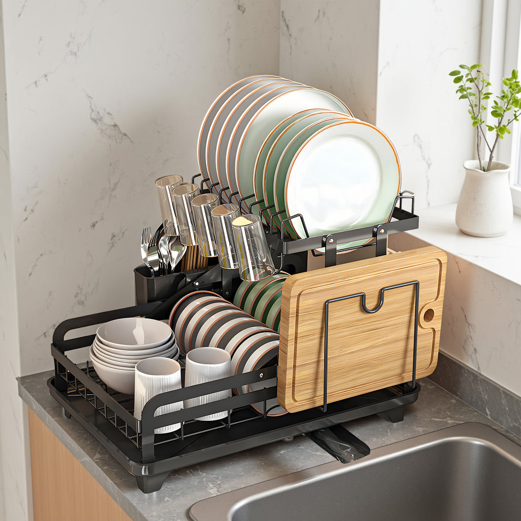2-Tier Dish Drying Rack with Drainboard – Large Carbon Steel Dish Drainer with Glass & Utensil Holders, Drying Mat, Rust-Resistant, for Kitchen Countertop – Foldable & Double Layer Options