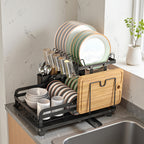 2-Tier Dish Drying Rack with Drainboard – Large Carbon Steel Dish Drainer with Glass & Utensil Holders, Drying Mat, Rust-Resistant, for Kitchen Countertop – Foldable & Double Layer Options