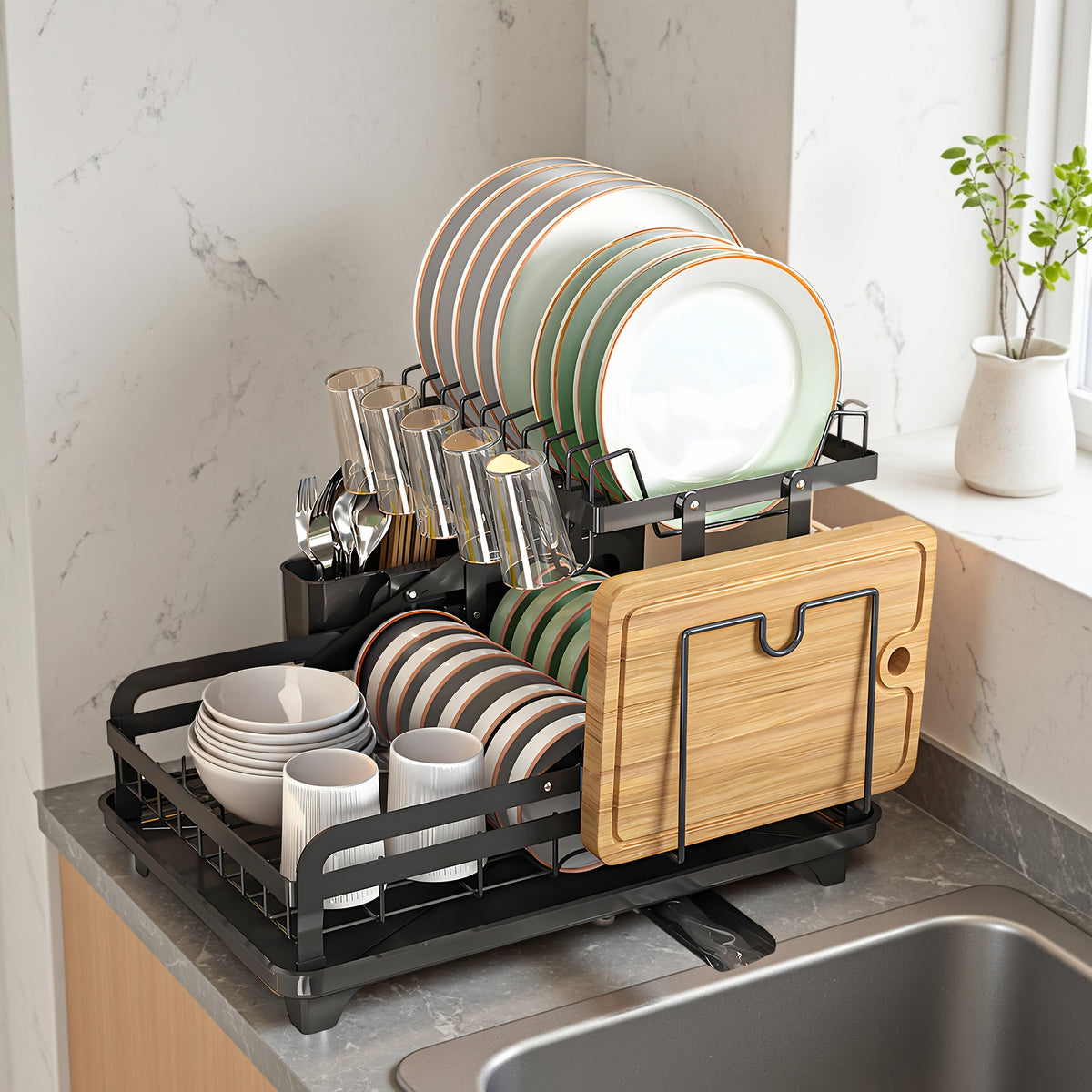 2-Tier Dish Drying Rack with Drainboard – Large Carbon Steel Dish Drainer with Glass & Utensil Holders, Drying Mat, Rust-Resistant, for Kitchen Countertop – Foldable & Double Layer Options