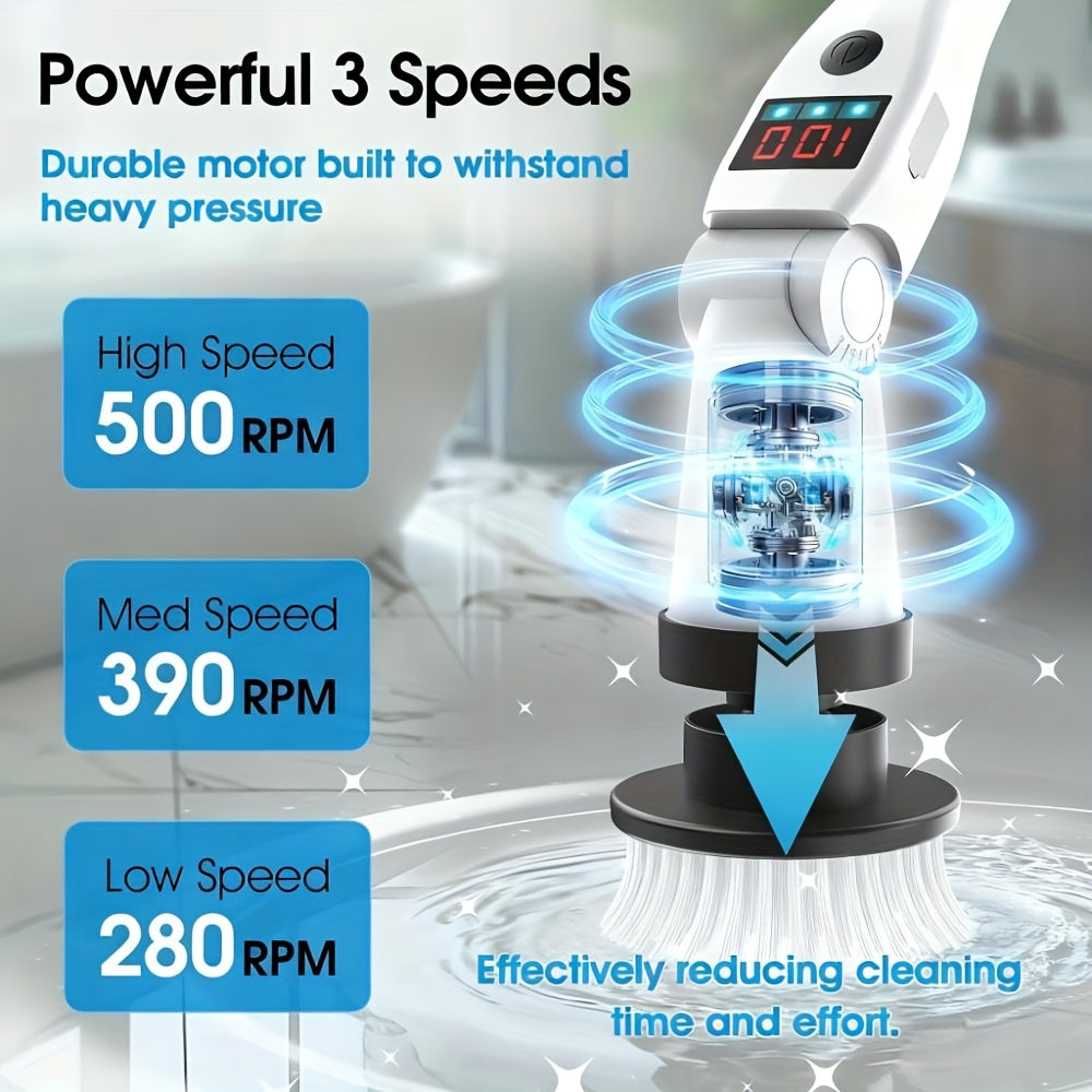 Electric Spin Scrubber Cordless with 8 Replaceable Brush Heads Extension Handle 3 Speeds 90-Min Battery USB Rechargeable for Bathroom Shower Tile Grout Tub Floor Kitchen