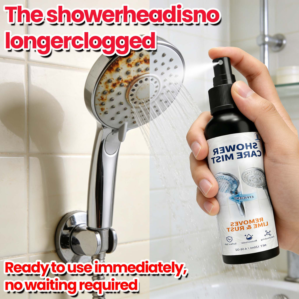 Showerhead & Bathroom Limescale Remover Spray Kit – Removes Mineral Blockages, Restores Glass & Mirrors, No-Scrub for Bathtub, Sink & Toilet