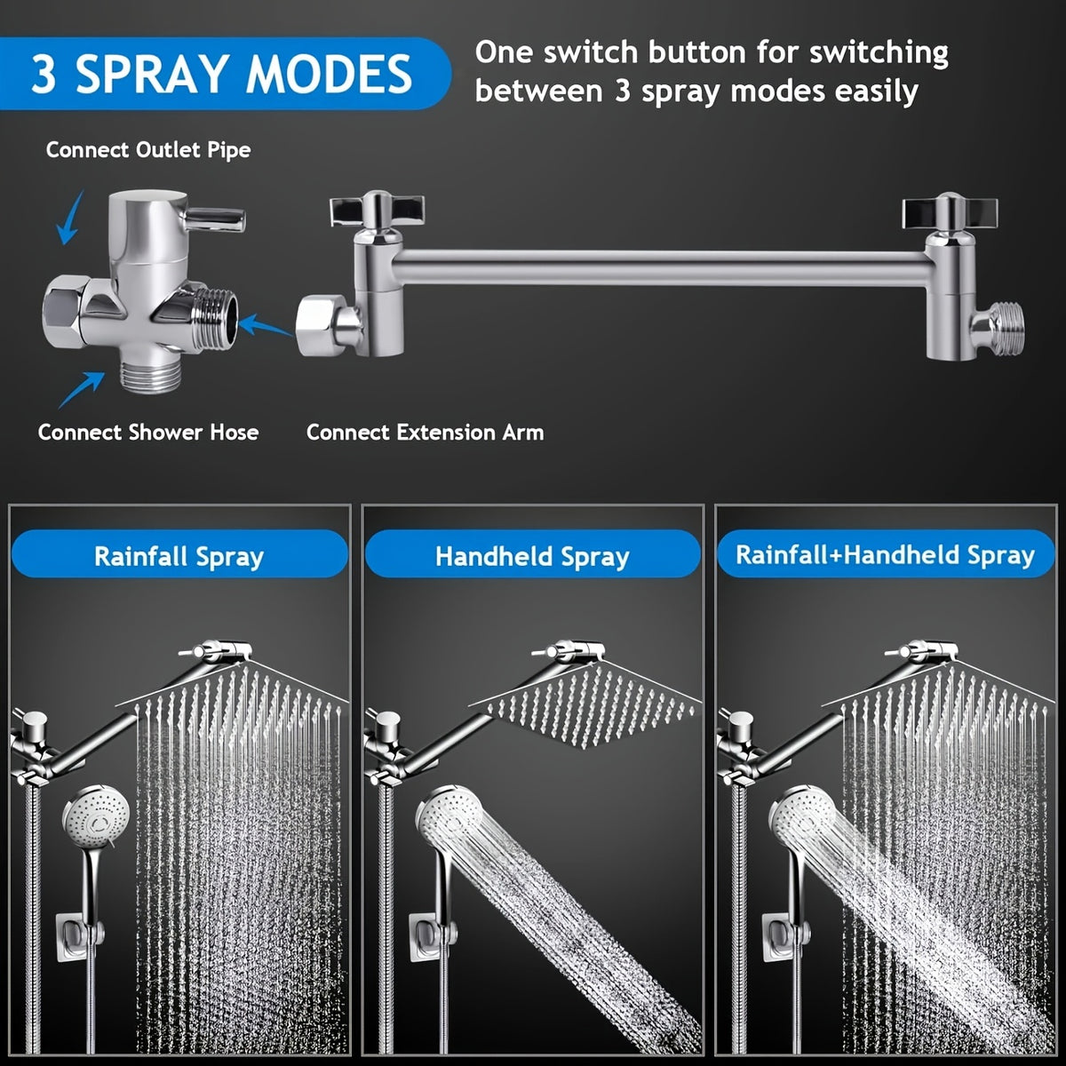 High Pressure Shower Head with Handheld Combo 9-Spray Settings 8 10 12 Inch Rainfall Stainless Steel Hose Adjustable Bracket Chrome Black