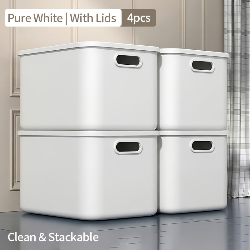 13-Inch Square Plastic Storage Bins 4-Pack with Handles Lid & No-Lid Options White Wardrobe Storage Box Set for Clothes Tools Closet Shelves – Premium Home Organization Containers
