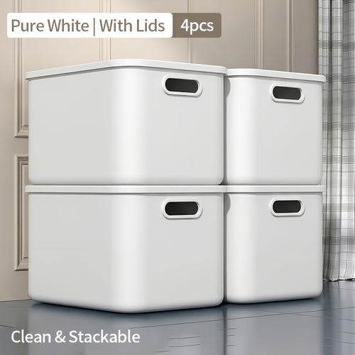 13-Inch Square Plastic Storage Bins 4-Pack with Handles Lid & No-Lid Options White Wardrobe Storage Box Set for Clothes Tools Closet Shelves – Premium Home Organization Containers