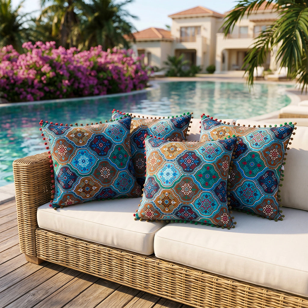 2-Pack Turkish Moroccan Throw Pillows with Inserts Reversible Floral Boho Decorative Pillow 18x18 Inch Polyester Square Cushion Zip Cover for Sofa Couch Bedroom Living Room 7 Colors
