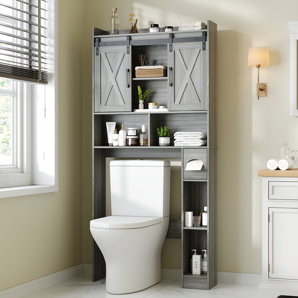 Farmhouse Over Toilet Cabinet with Sliding Doors Engineered Wood Adjustable Shelf Toilet Paper Holder Stand Space Saving Bathroom Storage No Wall Mount Multiple Colors
