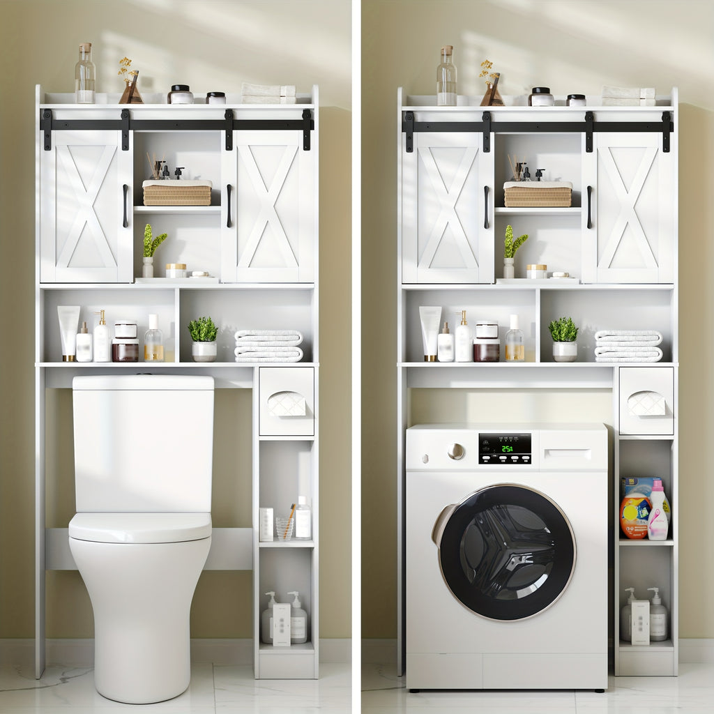 Farmhouse Over Toilet Cabinet with Sliding Doors Engineered Wood Adjustable Shelf Toilet Paper Holder Stand Space Saving Bathroom Storage No Wall Mount Multiple Colors