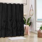 Ruffled Shower Curtain Farmhouse 72x72 - Handmade 3D Flower Vintage Ruched Fabric Bathroom Curtain, Victorian Romantic Luxury Decor, Black Pink Camel, Waterproof Microfiber 12 Holes