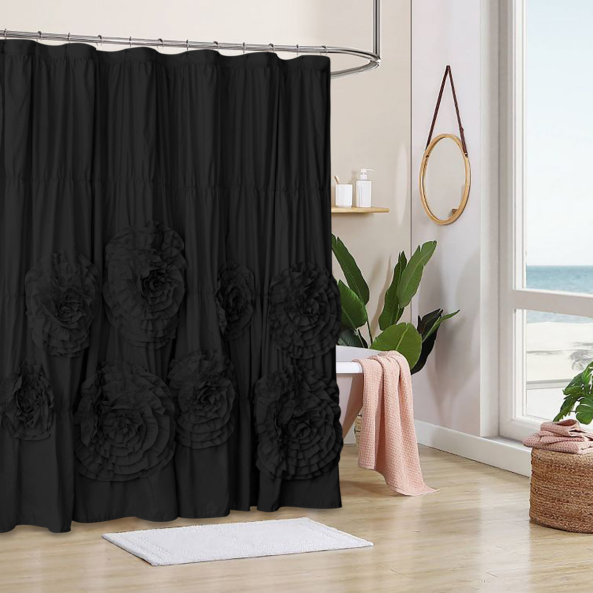 Ruffled Shower Curtain Farmhouse 72x72 - Handmade 3D Flower Vintage Ruched Fabric Bathroom Curtain, Victorian Romantic Luxury Decor, Black Pink Camel, Waterproof Microfiber 12 Holes