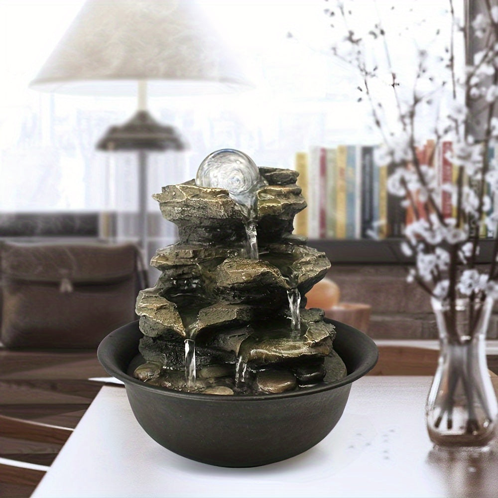 Rock Tabletop Zen Fountain with LED Lights & Rotating Crystal Ball – 8.3" Desktop Waterfall Fountain with Humidifier for Living Room, Office & Bedroom, Plug-In Soothing Water Feature