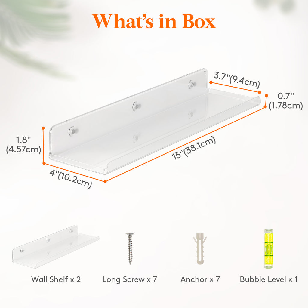Floating Wall Shelf 15 Inch Transparent Acrylic – Clear Wall-Mounted Display Shelf for Books, Vinyl Records, Photos & Decor | Space-Saving Storage Organizer for Bedroom, Living Room, Bathroom & Kitchen