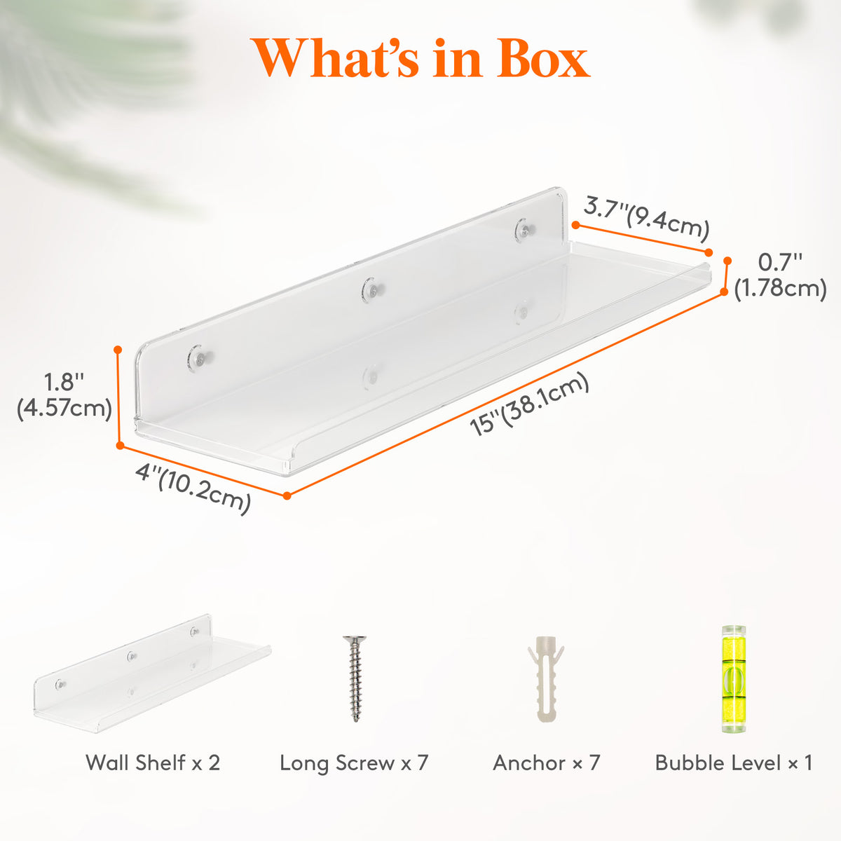 Floating Wall Shelf 15 Inch Transparent Acrylic – Clear Wall-Mounted Display Shelf for Books, Vinyl Records, Photos & Decor | Space-Saving Storage Organizer for Bedroom, Living Room, Bathroom & Kitchen